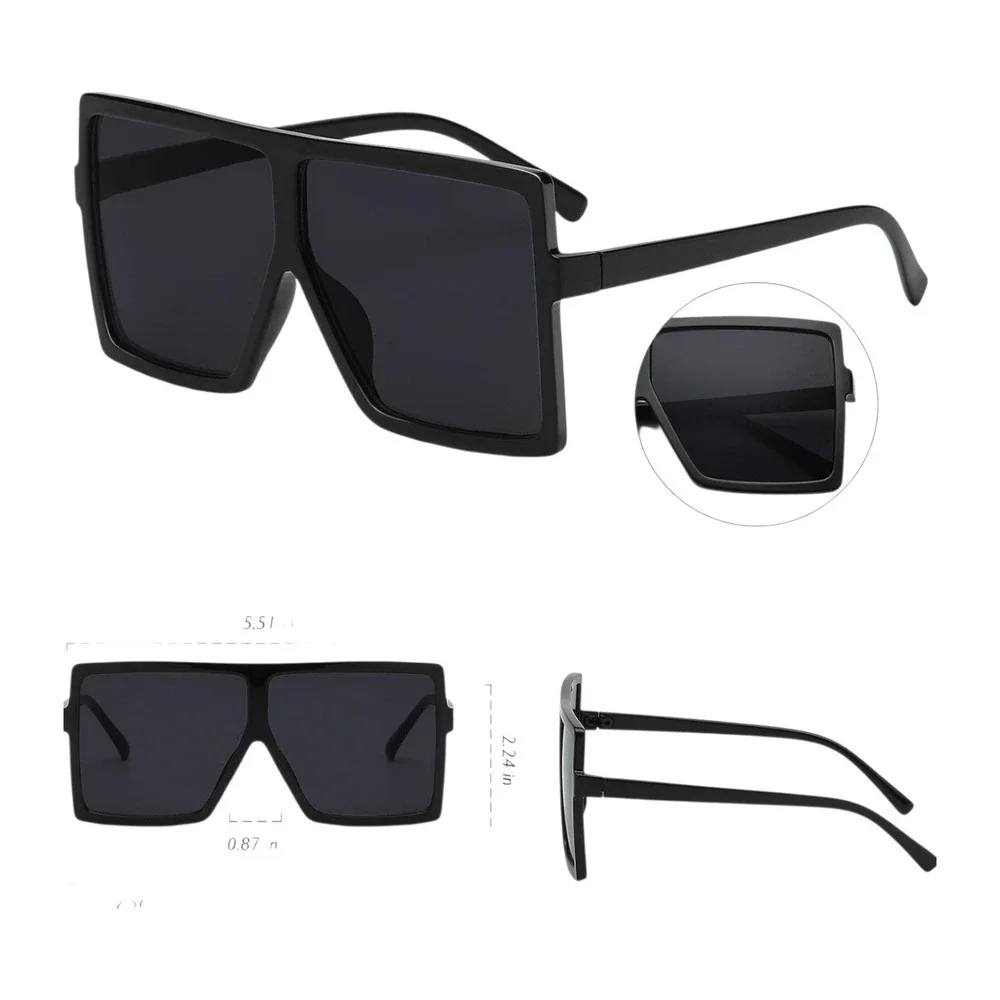 Oversized Square Sunglasses Women OS Black New Flat Top UV400 Shades